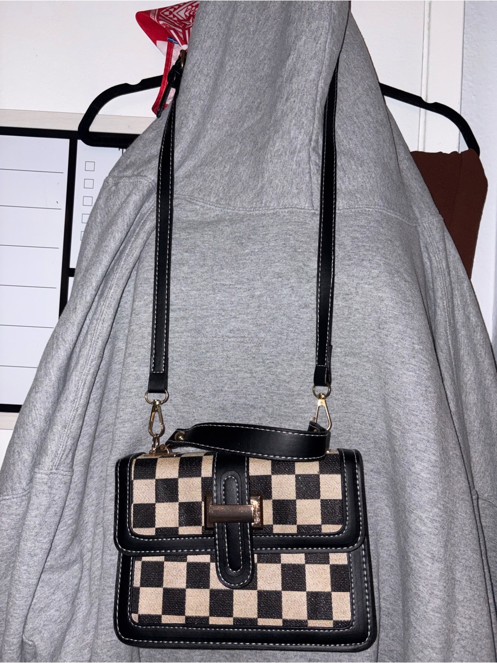 Checkered Black and Cream Crossbody Bag - Unbranded